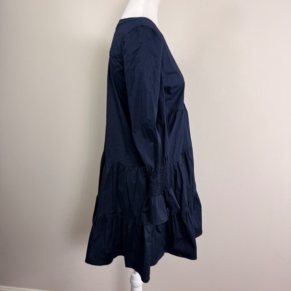 Pomander Place Kenzo Poplin Mini Dress Navy Blue Cotton Smocked Puff Sleeve Med. - Picture 4 of 8